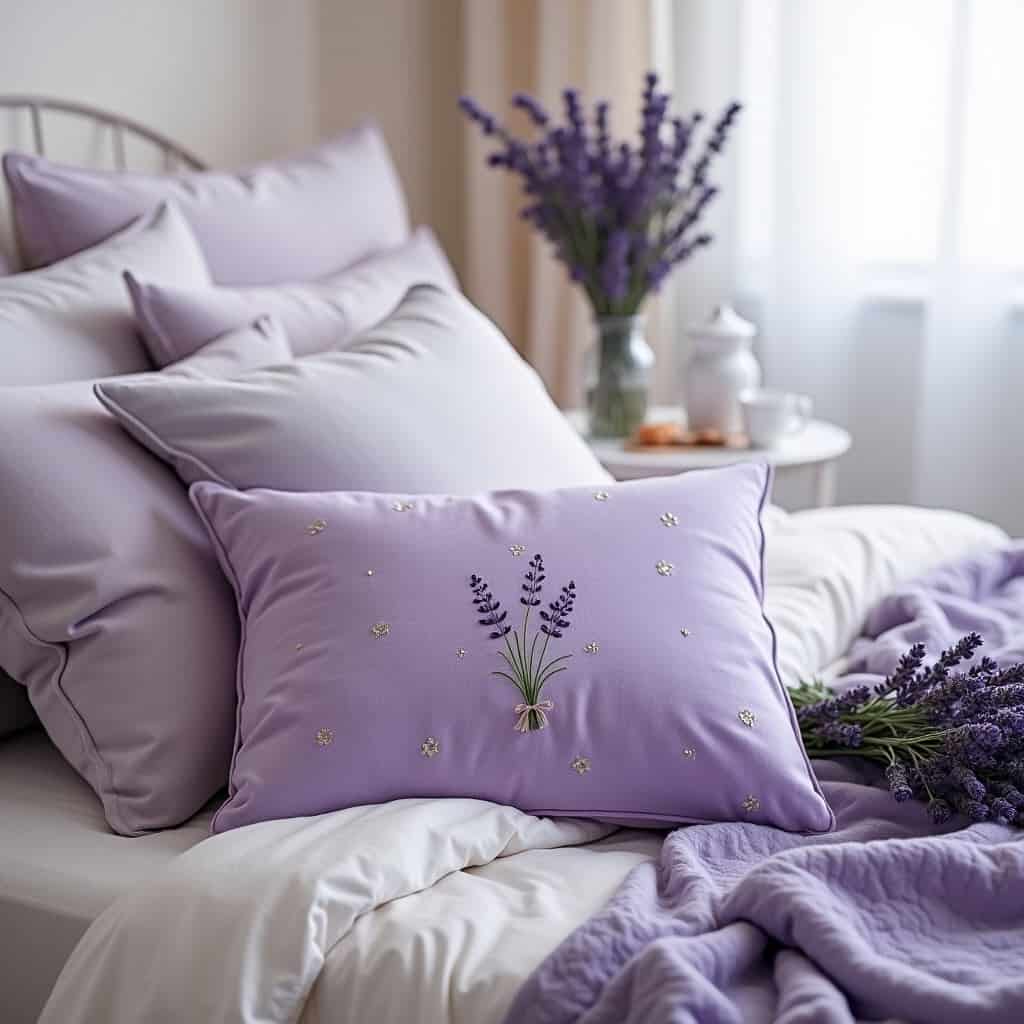 Mehrere Lavendelkissen auf Bett